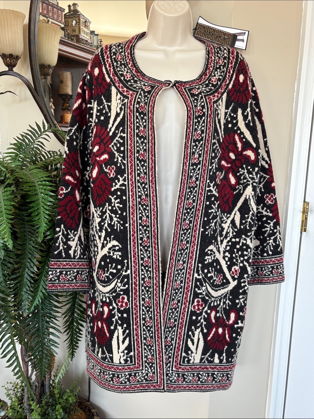 Maxsport Black, Ivory Burgundy Floral Knit Open Cardigan